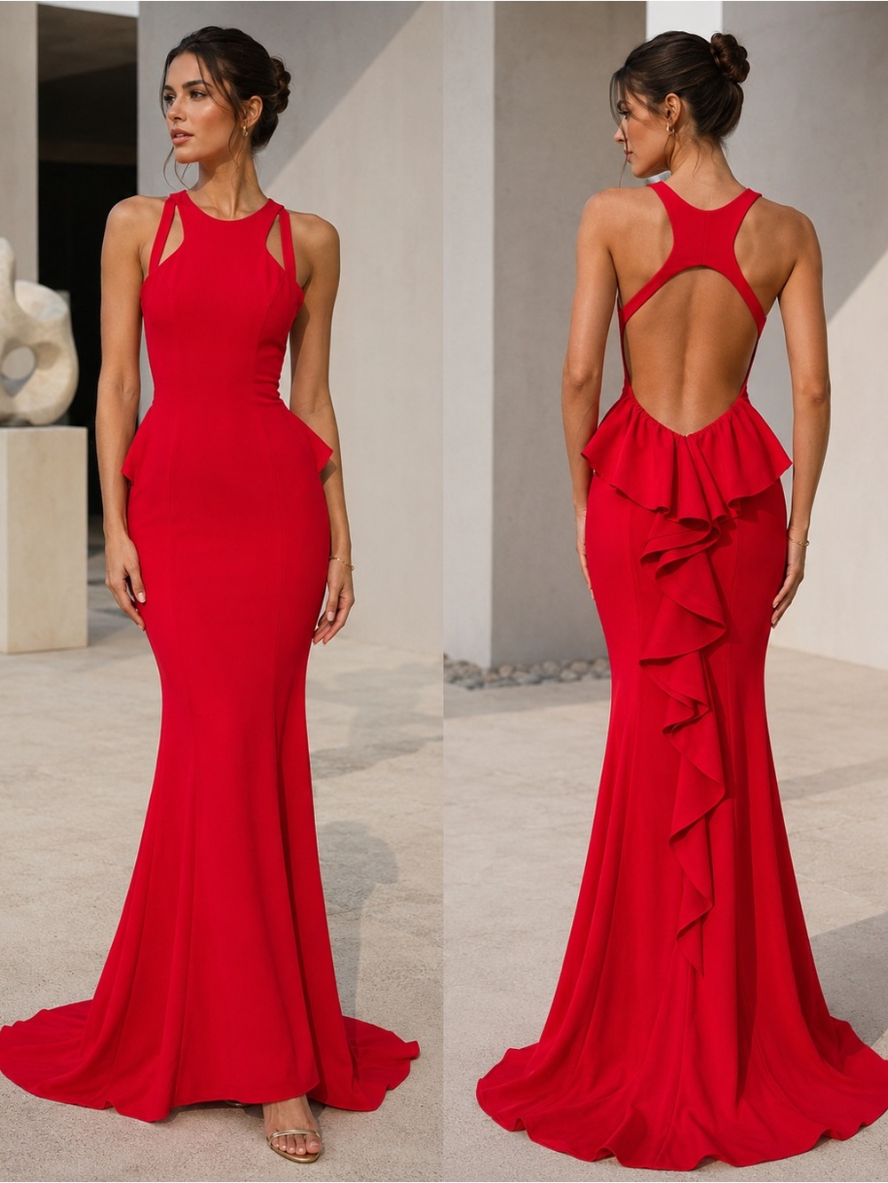 XSCAPE Red Open Back Ruffle Mermaid Gown Size 2